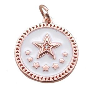 copper circle star pendant, white enameling, rose gold, approx 16mm dia