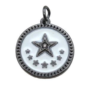 copper circle star pendant, white enameling, black plated, approx 16mm dia
