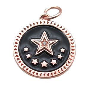 copper circle star pendant, black enameling, rose gold, approx 16mm dia