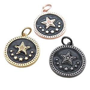 copper circle star pendant, black enameling, mixed, approx 16mm dia
