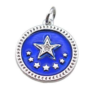 copper circle star pendant, blue enameling, platinum plated, approx 16mm dia