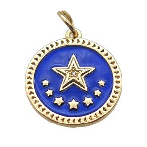 copper circle star pendant, blue enameling, gold plated, approx 16mm dia