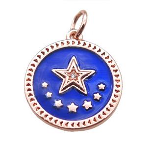 copper circle star pendant, blue enameling, rose gold, approx 16mm dia