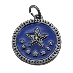 copper circle star pendant, blue enameling, black plated, approx 16mm dia