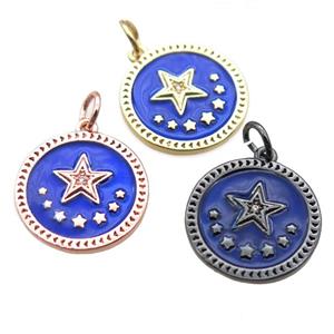 copper circle star pendant, blue enameling, mixed, approx 16mm dia