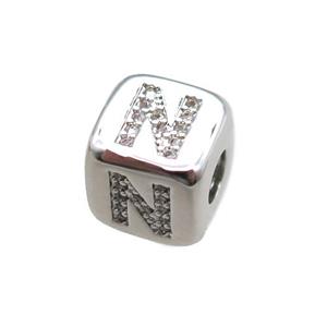 copper letter-N beads paved zircon, cube, platinum plated, approx 8.5mm, 4mm hole