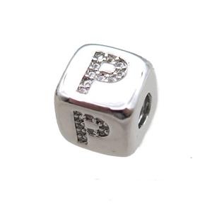 copper letter-P beads paved zircon, cube, platinum plated, approx 8.5mm, 4mm hole