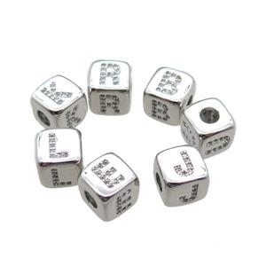 copper letter cube beads paved zircon, large hole, mixed alphabet, platinum plated, approx 8.5mm, 4mm hole