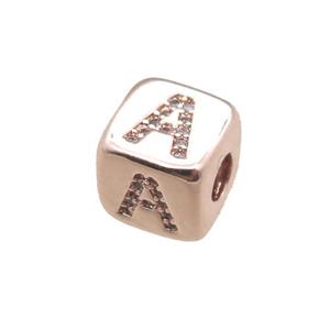 copper letter-A beads paved zircon, cube, rose gold, approx 8.5mm, 4mm hole