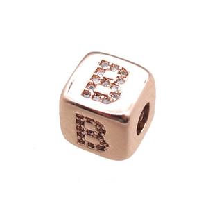copper letter-B beads paved zircon, cube, rose gold, approx 8.5mm, 4mm hole