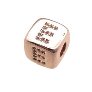 copper letter-E beads paved zircon, cube, rose gold, approx 8.5mm, 4mm hole