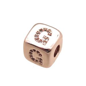 copper letter-G beads paved zircon, cube, rose gold, approx 8.5mm, 4mm hole