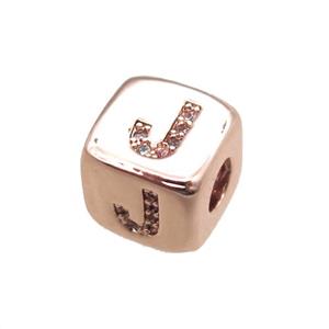 copper letter-J beads paved zircon, cube, rose gold, approx 8.5mm, 4mm hole