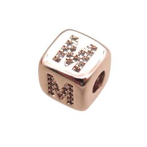 copper letter-M beads paved zircon, cube, rose gold, approx 8.5mm, 4mm hole