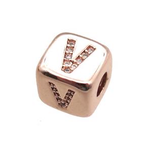 copper letter-V beads paved zircon, cube, rose gold, approx 8.5mm, 4mm hole