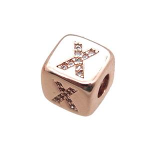 copper letter-X beads paved zircon, cube, rose gold, approx 8.5mm, 4mm hole