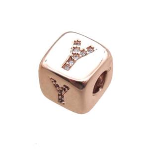 copper letter-Y beads paved zircon, cube, rose gold, approx 8.5mm, 4mm hole