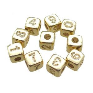 copper cube beads paved zircon, mixed number, large hole, gold plated, approx 8.5mm, 4mm hole