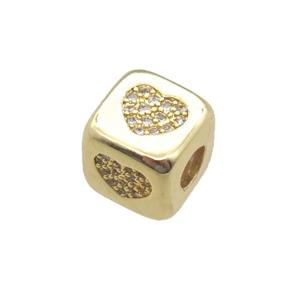 copper cube beads paved zircon, heart, gold plated, approx 8.5mm, 4mm hole