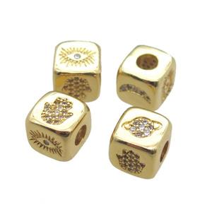 copper cube beads paved zircon, large hole, gold plated, approx 8.5mm, 4mm hole