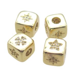 copper cube beads paved zircon, large hole, gold plated, approx 8.5mm, 4mm hole
