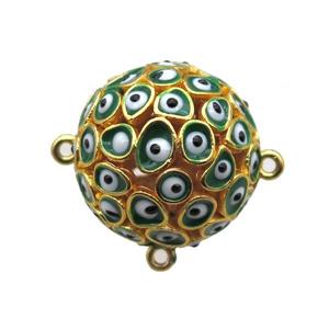 green enameling copper round connector with evail eye, gold plated, approx 20mm dia