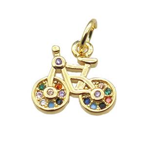 copper bicycle charm pendant paved zircon, gold plated, approx 11-12mm