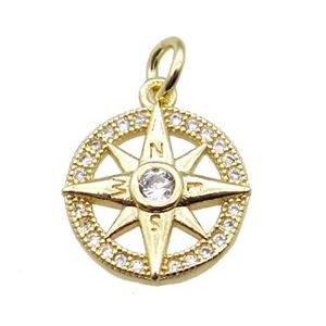 copper Compass pendant paved zircon, gold plated, approx 13.5mm dia