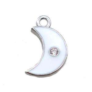white enameling copper moon pendant paved zircon, platinum plated, approx 6-10mm