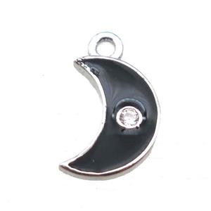 black enameling copper moon pendant paved zircon, platinum plated, approx 6-10mm