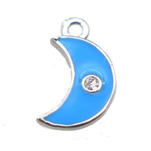 blue enameling copper moon pendant paved zircon, platinum plated, approx 6-10mm