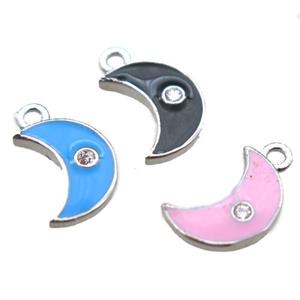 enameling copper moon pendant paved zircon, mixed color, platinum plated, approx 6-10mm
