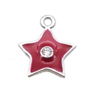 red enameling copper star pendant paved zircon, platinum plated, approx 10mm