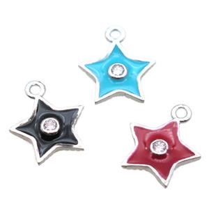 enameling copper star pendant paved zircon, mix color, platinum plated, approx 10mm