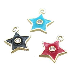 enameling copper star pendant paved zircon, mixed color, gold plated, approx 10mm