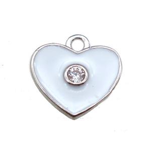 white enameling copper heart pendant paved zircon, platinum plated, approx 10mm