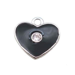 black enameling copper heart pendant paved zircon, platinum plated, approx 10mm
