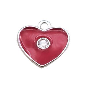 red enameling copper heart pendant paved zircon, platinum plated, approx 10mm