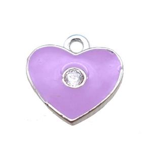 purple enameling copper heart pendant paved zircon, platinum plated, approx 10mm