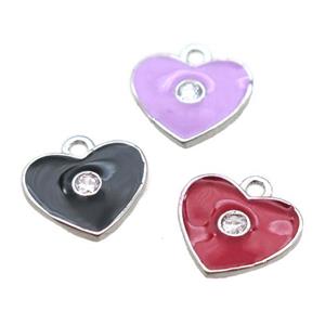 enameling copper heart pendant paved zircon, mixed color, platinum plated, approx 10mm