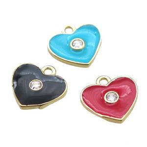 enameling copper heart pendant paved zircon, mixed color, gold plated, approx 10mm