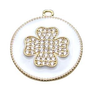 copper clover pendant pave zircon with white enameling, gold plated, approx 25mm dia