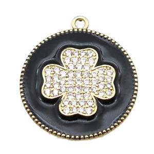 copper clover pendant pave zircon with black enameling, gold plated, approx 25mm dia