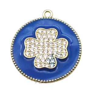 copper clover pendant pave zircon with blue enameling, gold plated, approx 25mm dia
