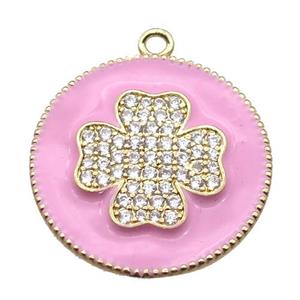 copper clover pendant pave zircon with pink enameling, gold plated, approx 25mm dia