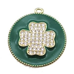 copper clover pendant pave zircon with green enameling, gold plated, approx 25mm dia