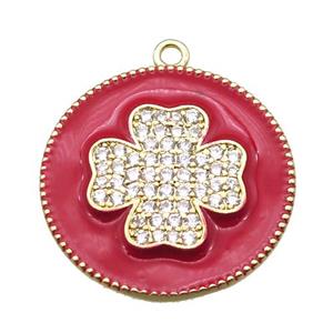 copper clover pendant pave zircon with red enameling, gold plated, approx 25mm dia