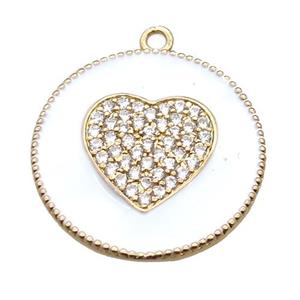 copper heart pendant pave zircon with white enameling, gold plated, approx 25mm dia
