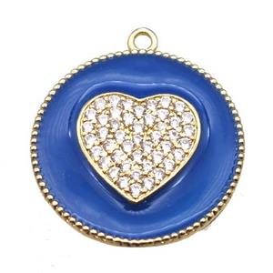 copper heart pendant pave zircon with blue enameling, gold plated, approx 25mm dia