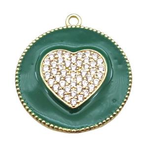 copper heart pendant pave zircon with green enameling, gold plated, approx 25mm dia
